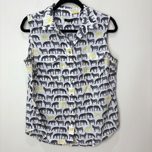 Talbots White Black Zebra Print Top Women 12 Sleeveless Button Down Novelty Airy
